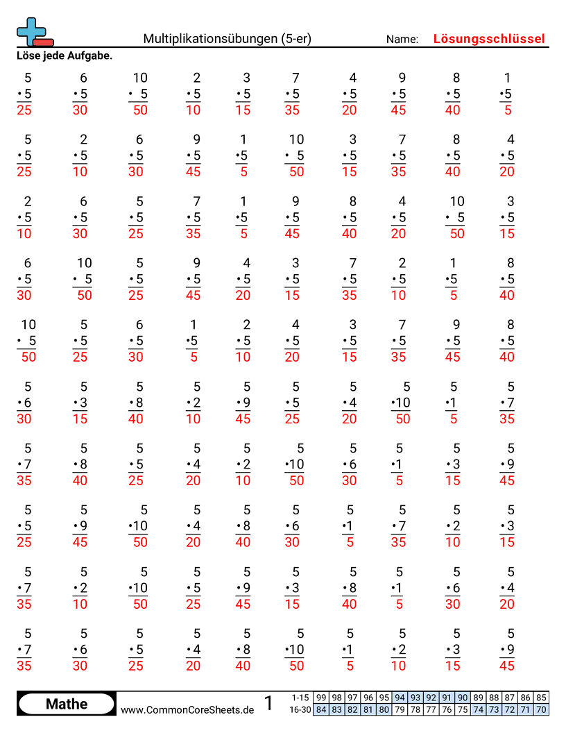 Arbeitsblätter zur Multiplikation - 5er worksheet