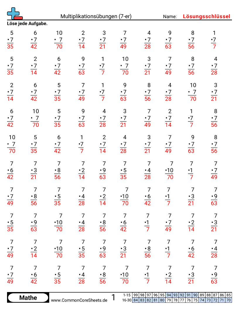 Arbeitsblätter zur Multiplikation - 7er worksheet