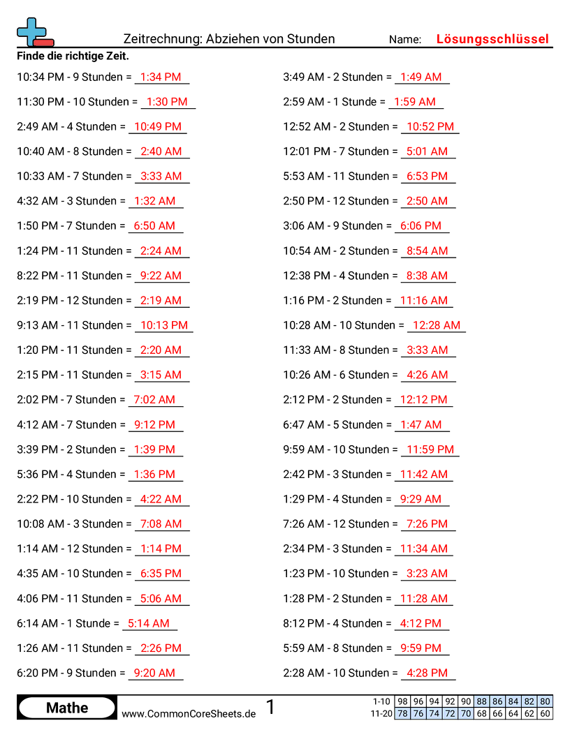 Arbeitsblätter zu Rechenübungen - stunden-subtrahieren worksheet