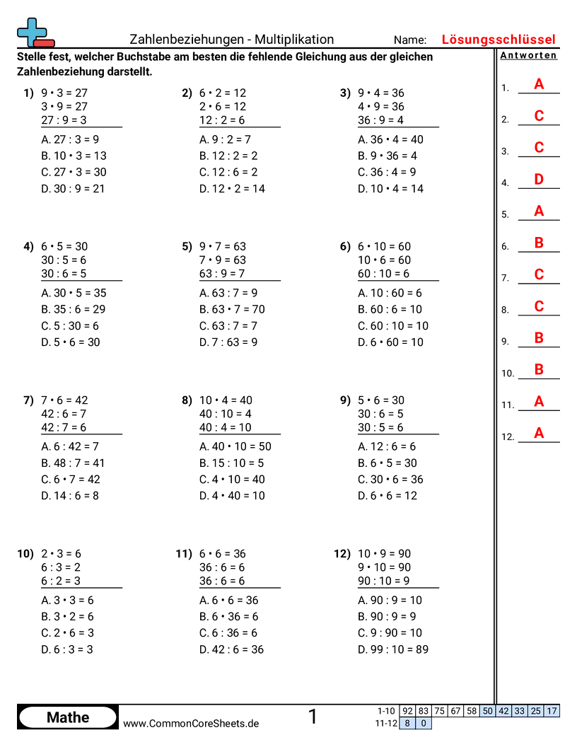 Arbeitsblätter zu Zahlenbeziehungen - Fehlende Tatsache finden (Multiple Choice) worksheet