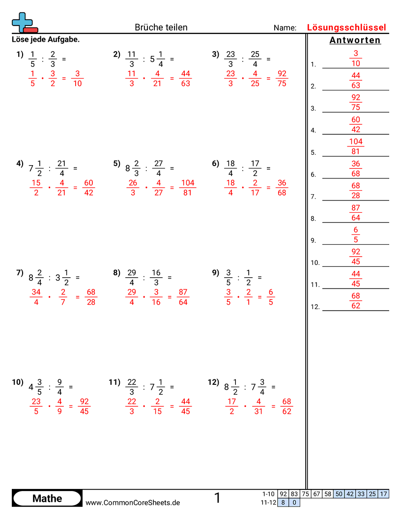 Arbeitsblätter zur Brüchen - bruche-dividieren worksheet