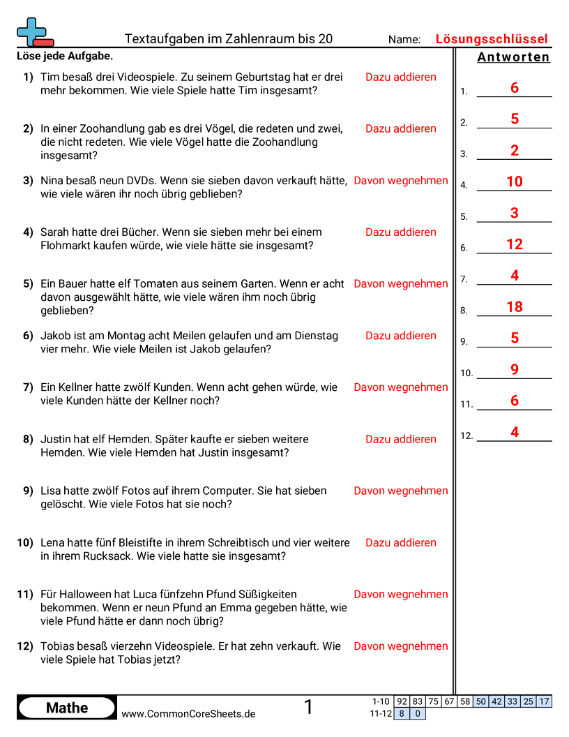 Arbeitsblätter zur Addition - textaufgaben-addition-bis-20 worksheet