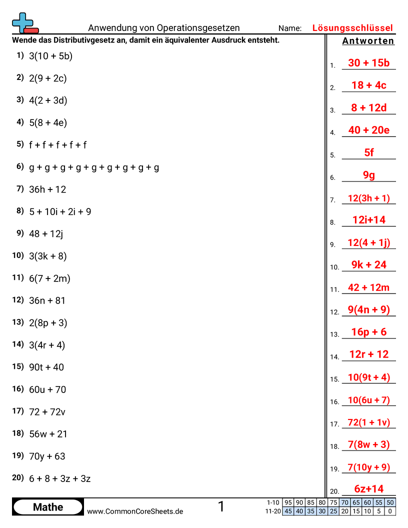 Eigenschaften von Rechenoperationen anwenden worksheet preview