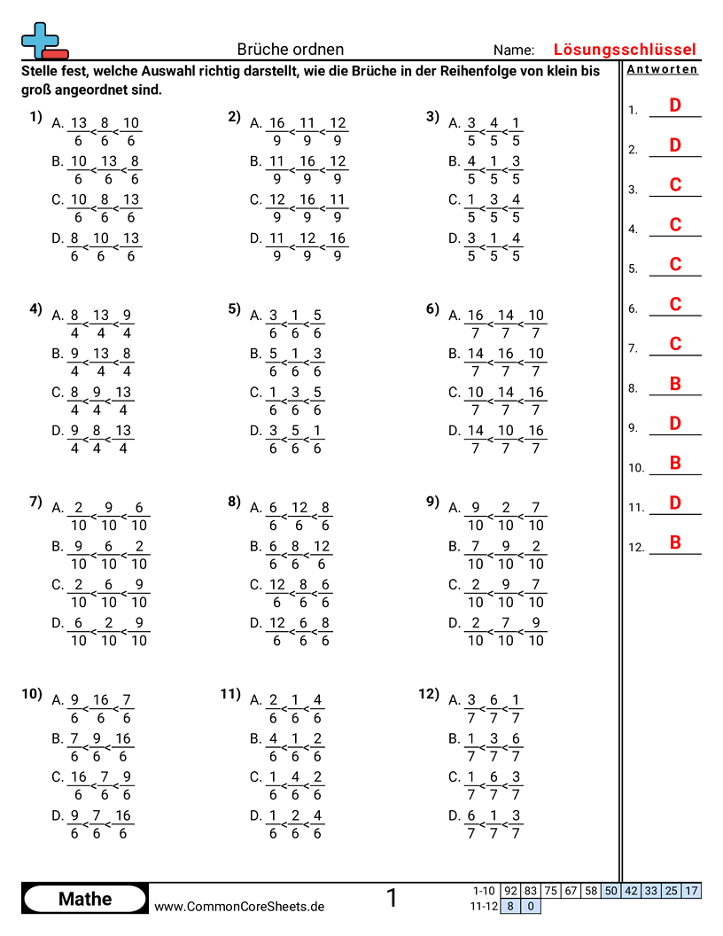 Arbeitsblätter zur Brüchen - bruche-ordnen-multiple-choice worksheet