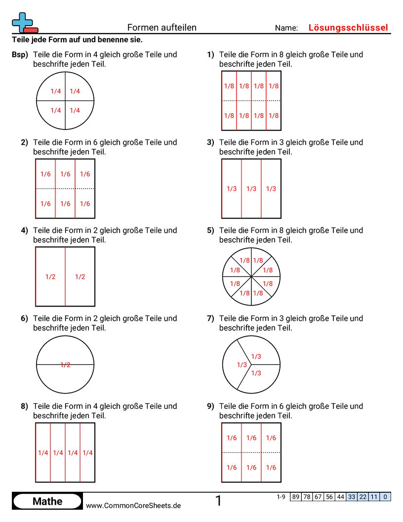 Arbeitsblätter zur Brüchen - formen-unterteilen worksheet