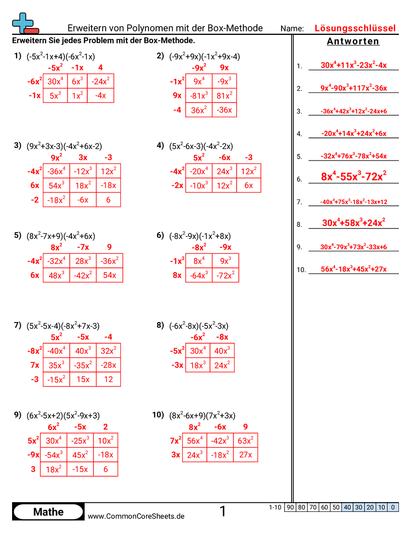 Arbeitsblätter zum Rechnen mit Gleichungen - polynome-mit-der-box-methode-ausmultiplizieren worksheet