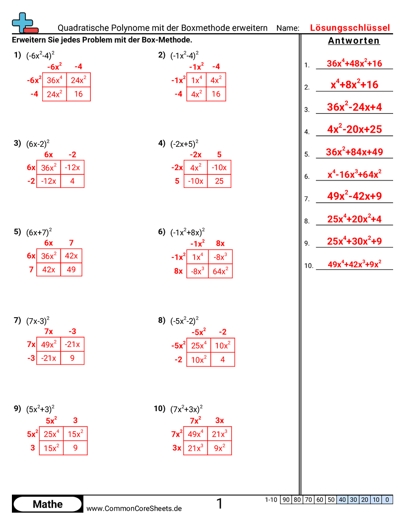 Arbeitsblätter zum Rechnen mit Gleichungen - quadratische-polynome-mit-der-box-methode-ausmultiplizieren worksheet