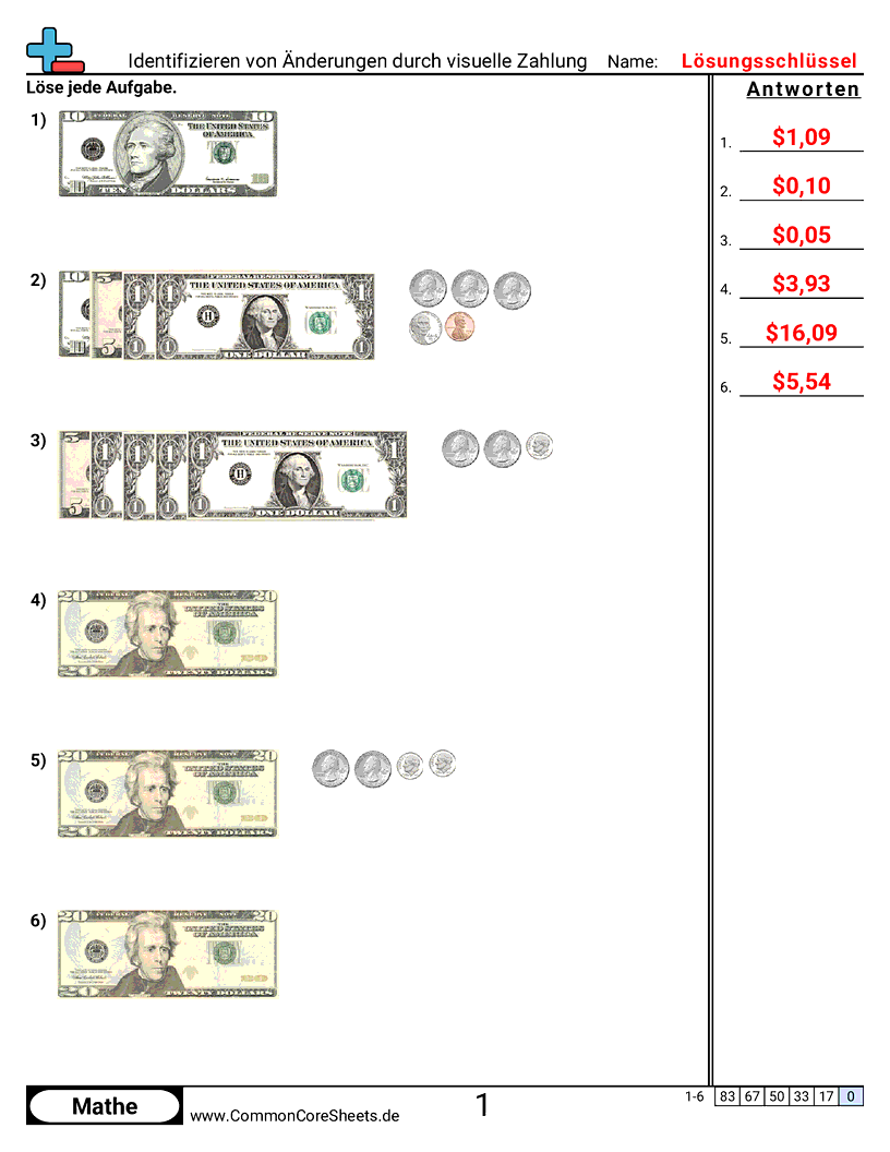 Arbeitsblätter zur Geldrechnung - wechselgeld-anhand-einer-zahlung-bild-bestimmen worksheet