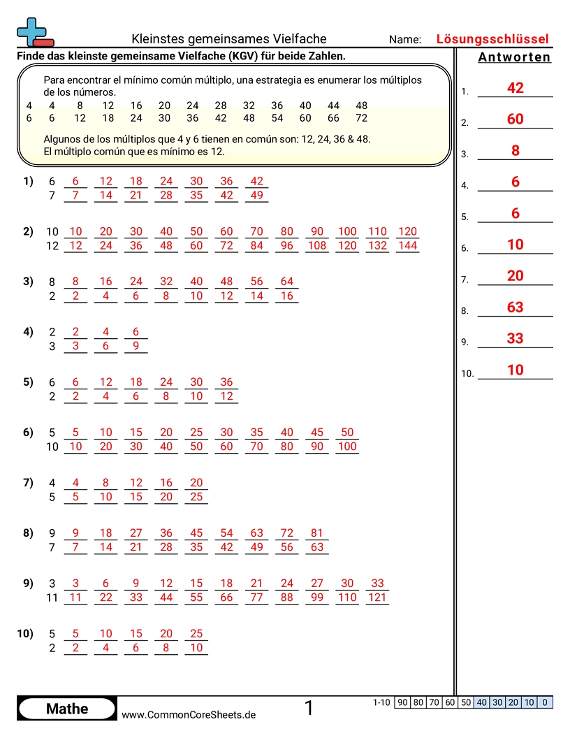 Arbeitsblätter zur Multiplikation - kgv-finden worksheet