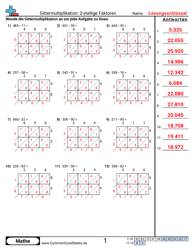 Arbeitsblätter zur Multiplikation - 3-stellig-x-2-stellig worksheet