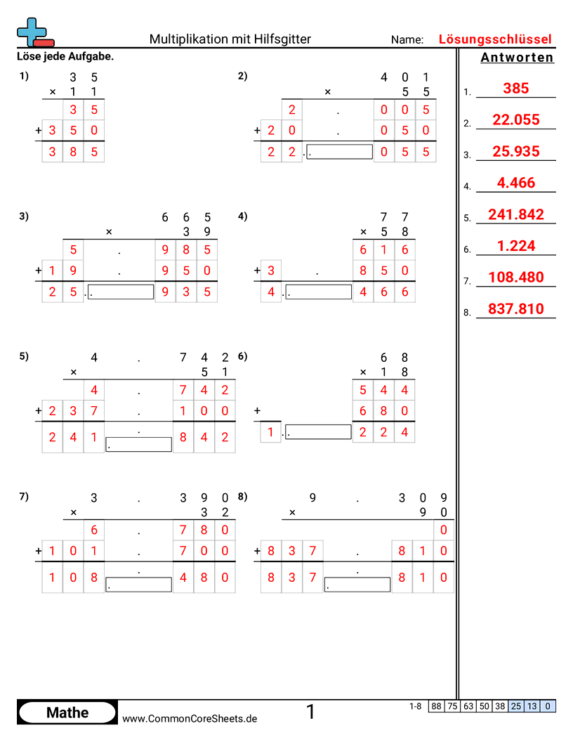 Arbeitsblätter zur Multiplikation - multiplikation-mit-hilfsgitter worksheet