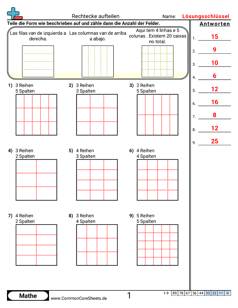 Arbeitsblätter zur Multiplikation - rechtecke-unterteilen worksheet