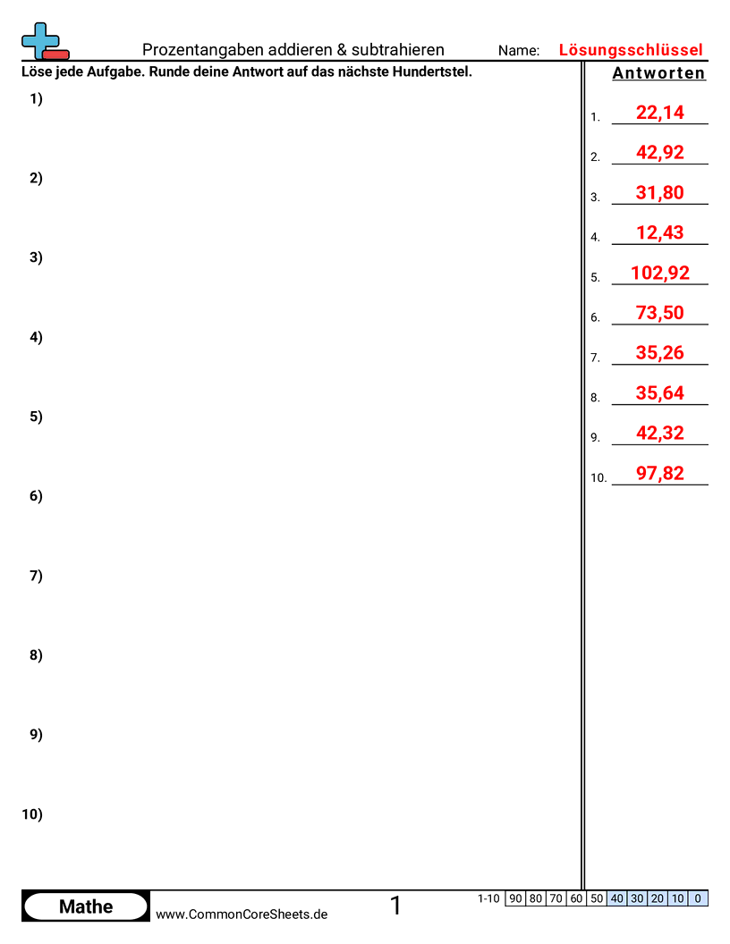 Arbeitsblätter zur Prozentrechnung - prozente-einer-menge-addieren-und-subtrahieren worksheet