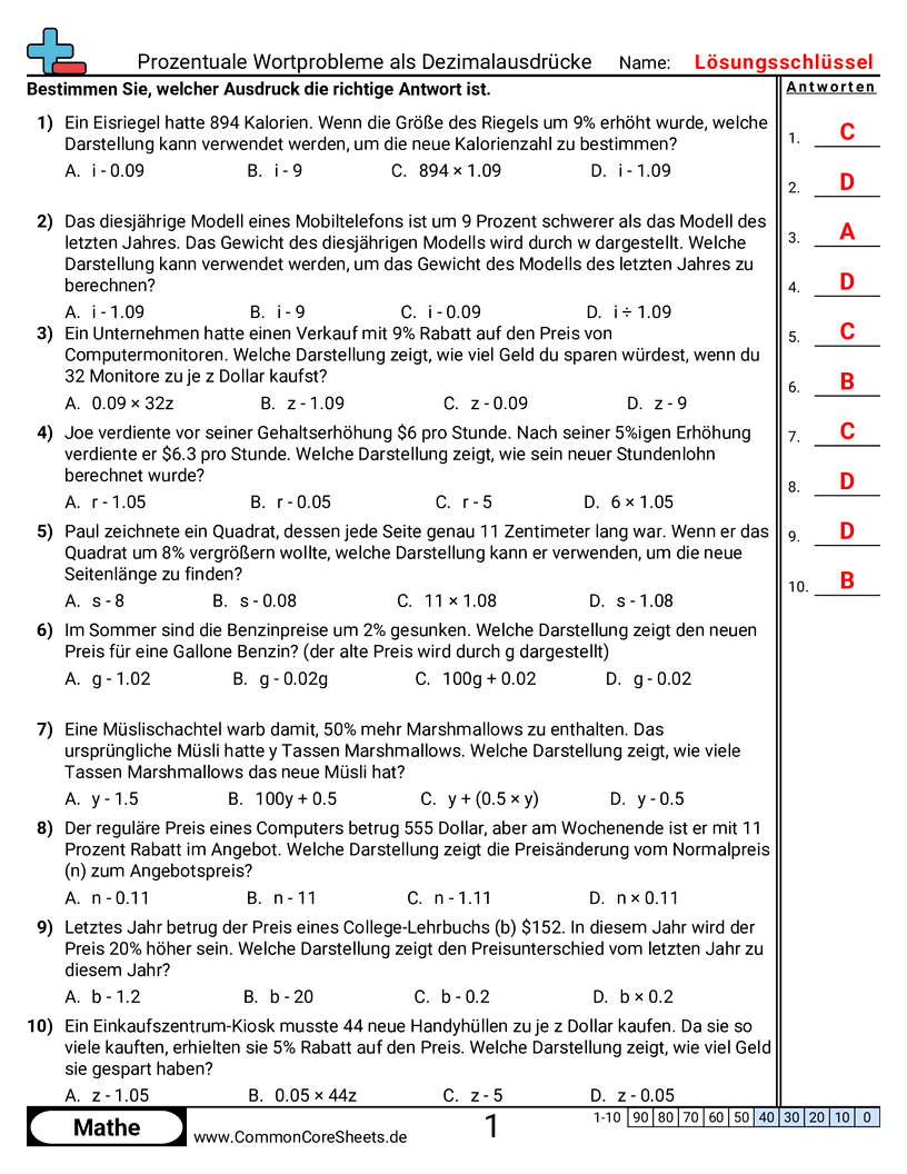 Arbeitsblätter zum Rechnen mit Gleichungen - prozent-textaufgaben-als-dezimalausdrucke worksheet