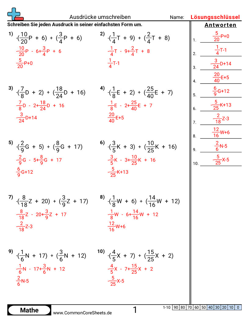 Arbeitsblätter zum Rechnen mit Gleichungen - ausdrucke-umschreiben worksheet