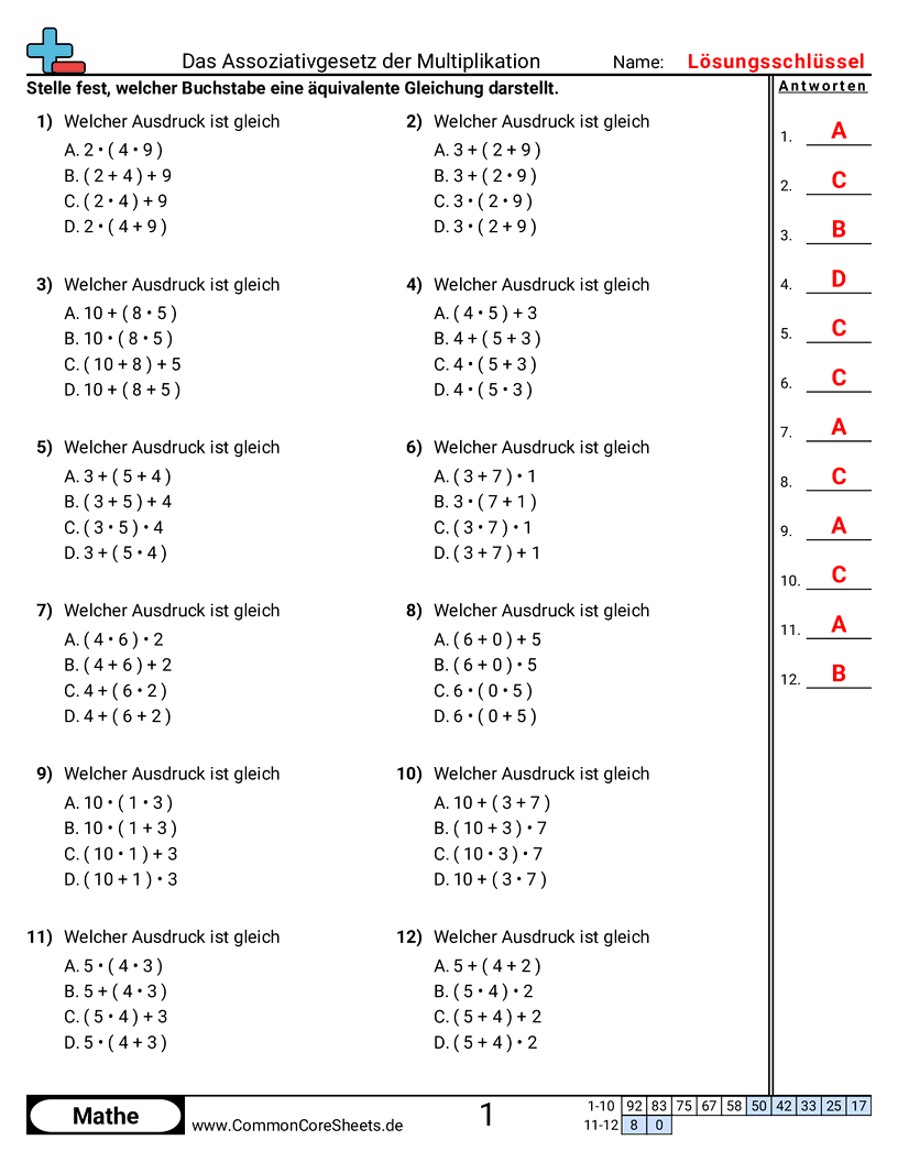 Arbeitsblätter zu Rechengesetzen - assoziativgesetz-der-multiplikation-finden worksheet