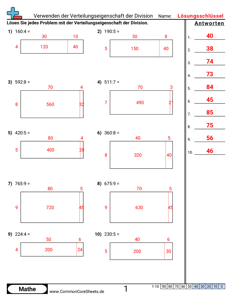Arbeitsblätter zu Rechengesetzen - distributivgesetz-der-division-verwenden-mit-punktfeld worksheet