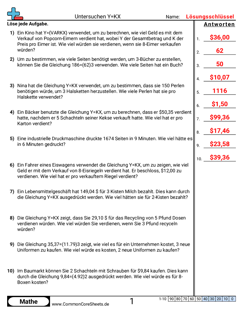 Arbeitsblätter zu Verhältnissen - y-kx-untersuchen worksheet