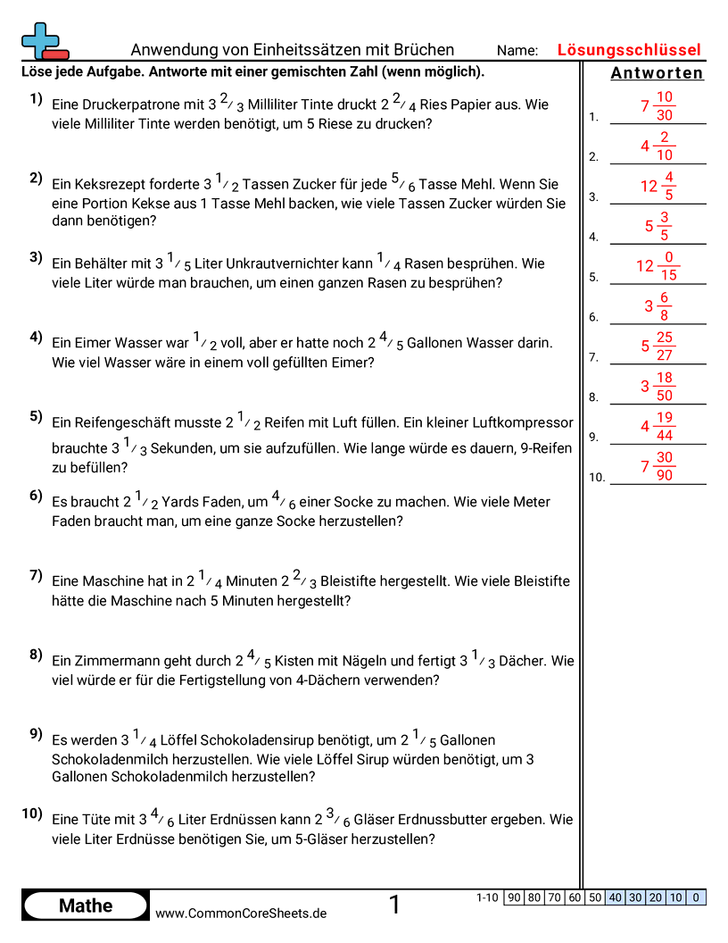 Arbeitsblätter zu Verhältnissen - anwenden-von-einheitspreisen-mit-bruchen worksheet