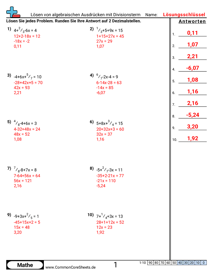 Algebraische Ausdrücke mit Divisionsterm lösen worksheet preview