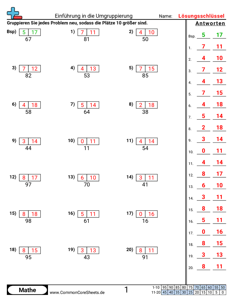 Arbeitsblätter zur Subtraktion - Einführung ins Umgruppieren worksheet