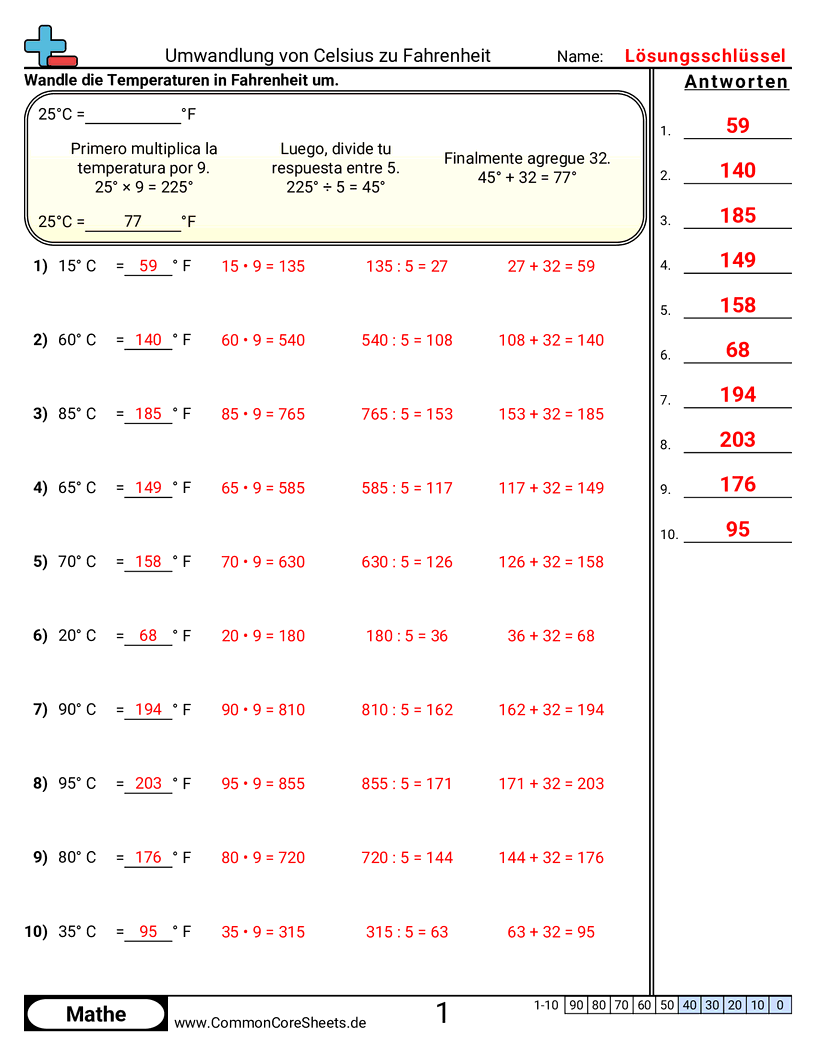 Arbeitsblätter zur Temperatur - celsius-in-fahrenheit-umrechnen worksheet