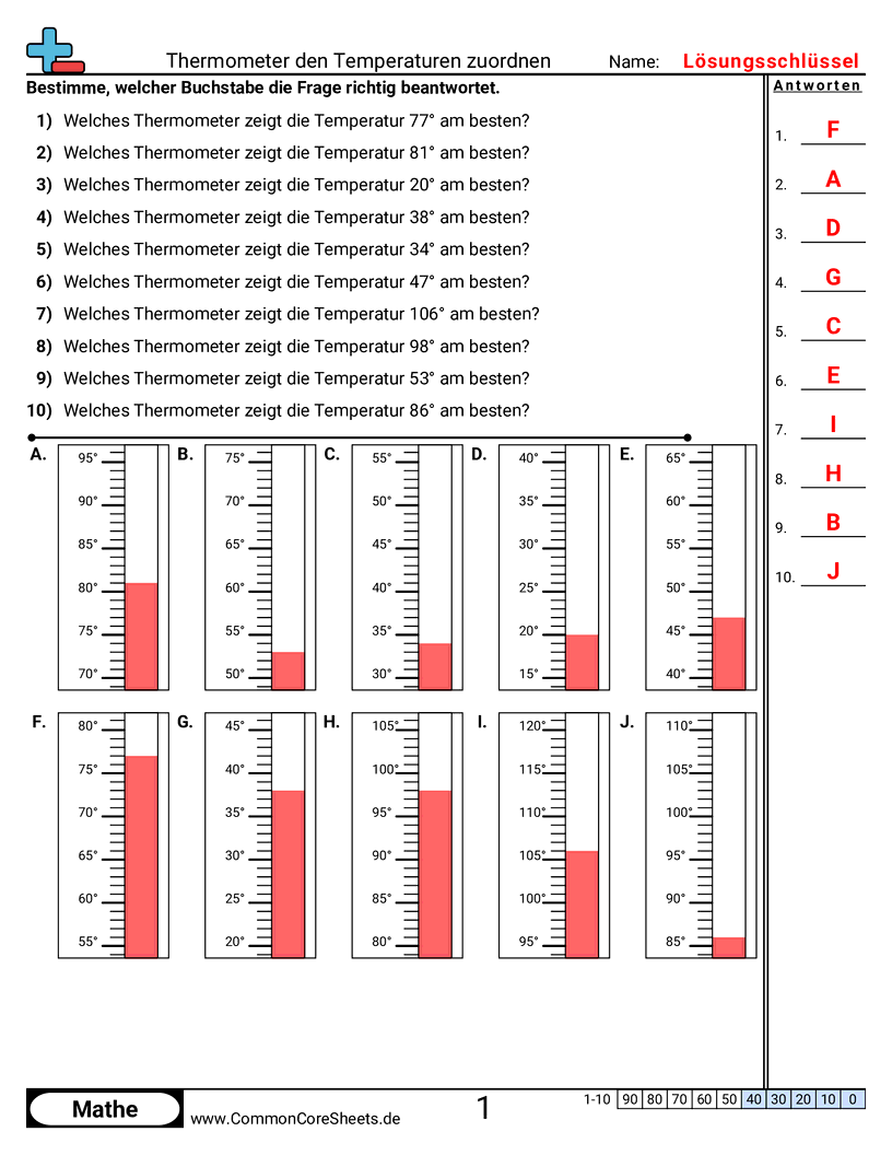 Arbeitsblätter zur Temperatur - thermometer-zuordnen worksheet