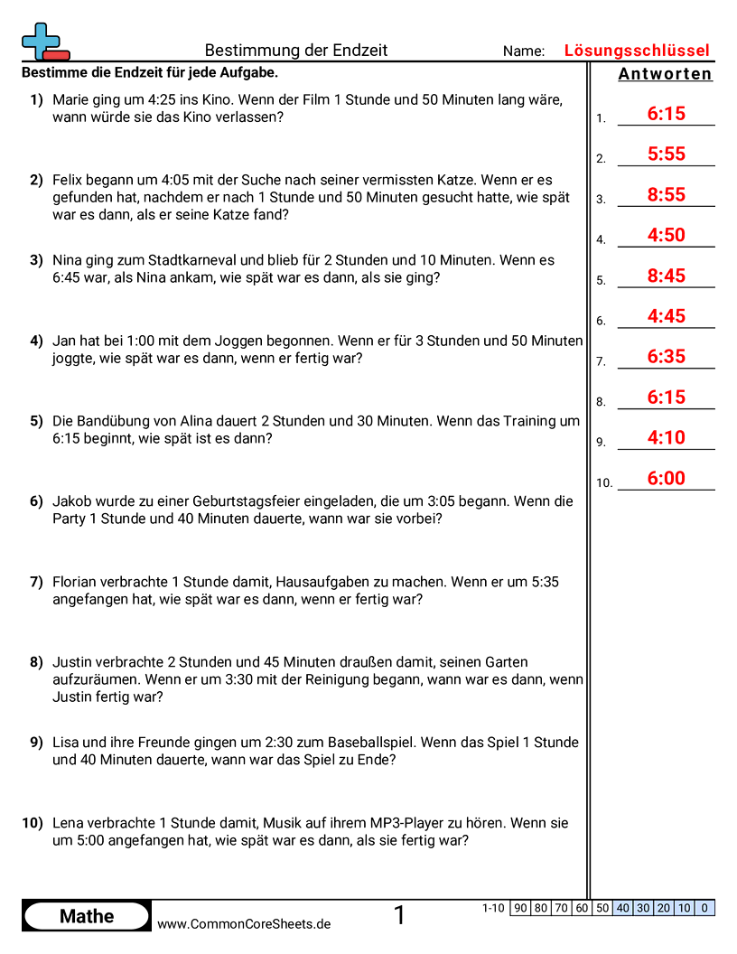 Arbeitsblätter zur Zeit - textaufgaben worksheet