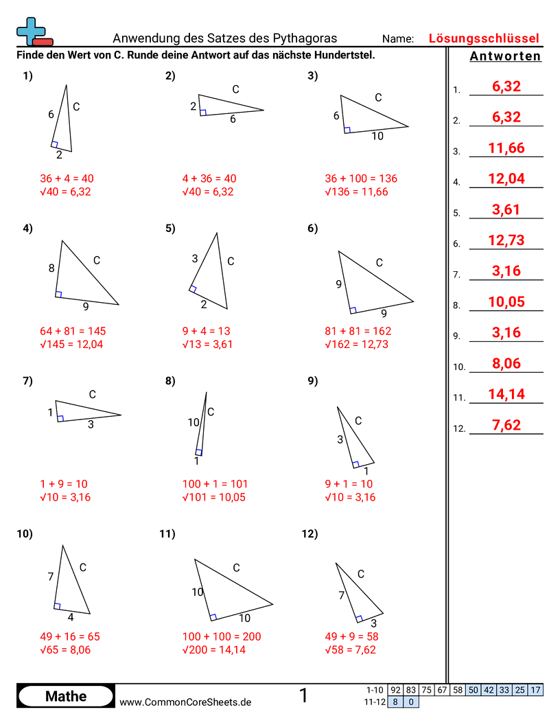 Arbeitsblätter zum Rechnen mit Gleichungen - satz-des-pythagoras-anwenden worksheet