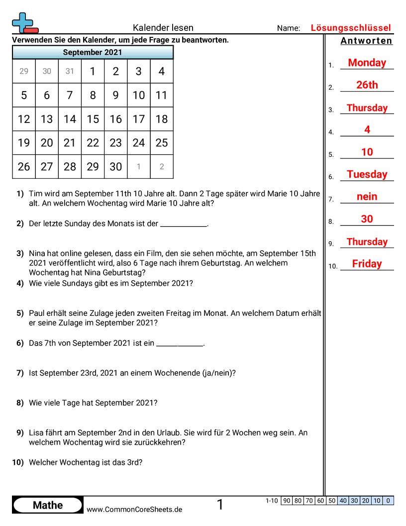 Arbeitsblätter zur Zeit - kalender-lesen worksheet