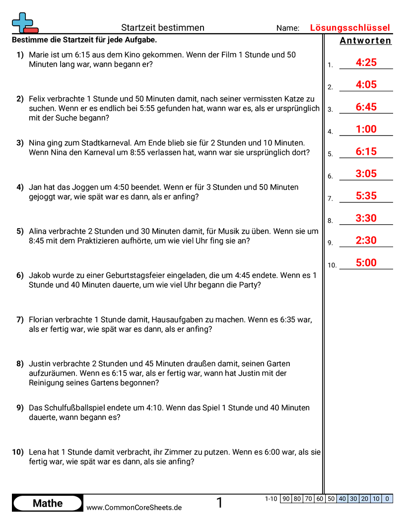 Arbeitsblätter zur Zeit - textaufgaben worksheet
