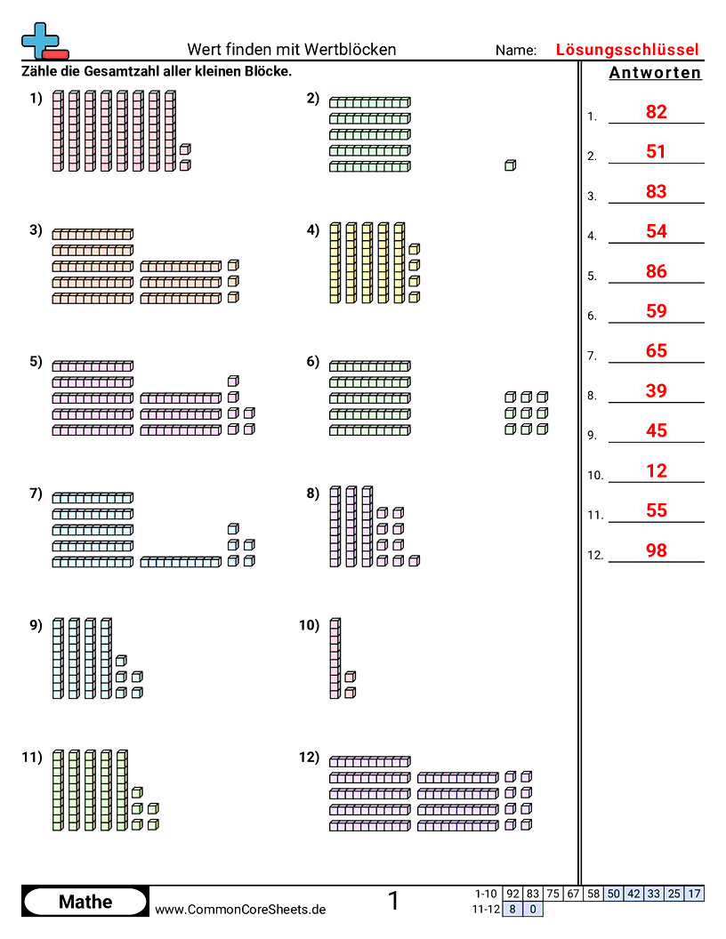 Arbeitsblätter zu Wert & Stellenwert - stellenwertblocke-10er-und-1er worksheet