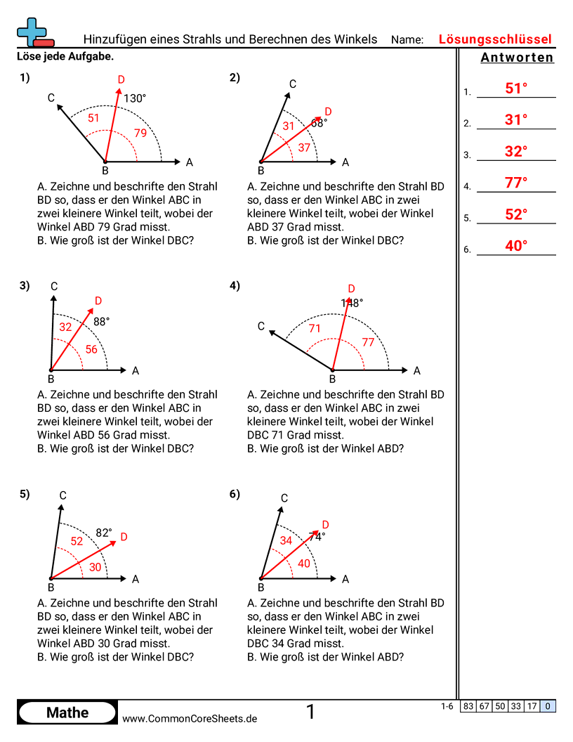 Einen Strahl hinzufügen und Winkel berechnen worksheet preview